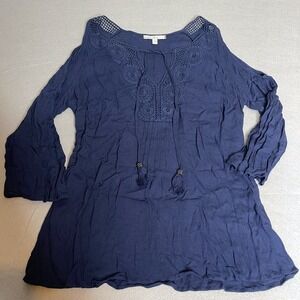 Cottagecore Cold Shoulder Boho Peasant Shirt Crochet Lace Top Navy